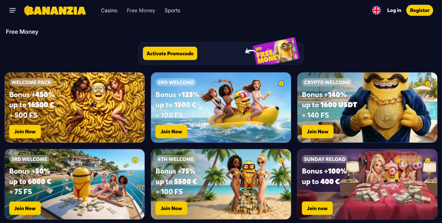 Grille des bonus Bananzia : Welcome Pack, 2nd Welcome, Crypto Welcome, 3rd et 4th Welcome, Sunday Reload