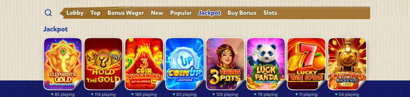 Catégorie Jackpot du lobby Bananzia avec les machines à sous à gros gains